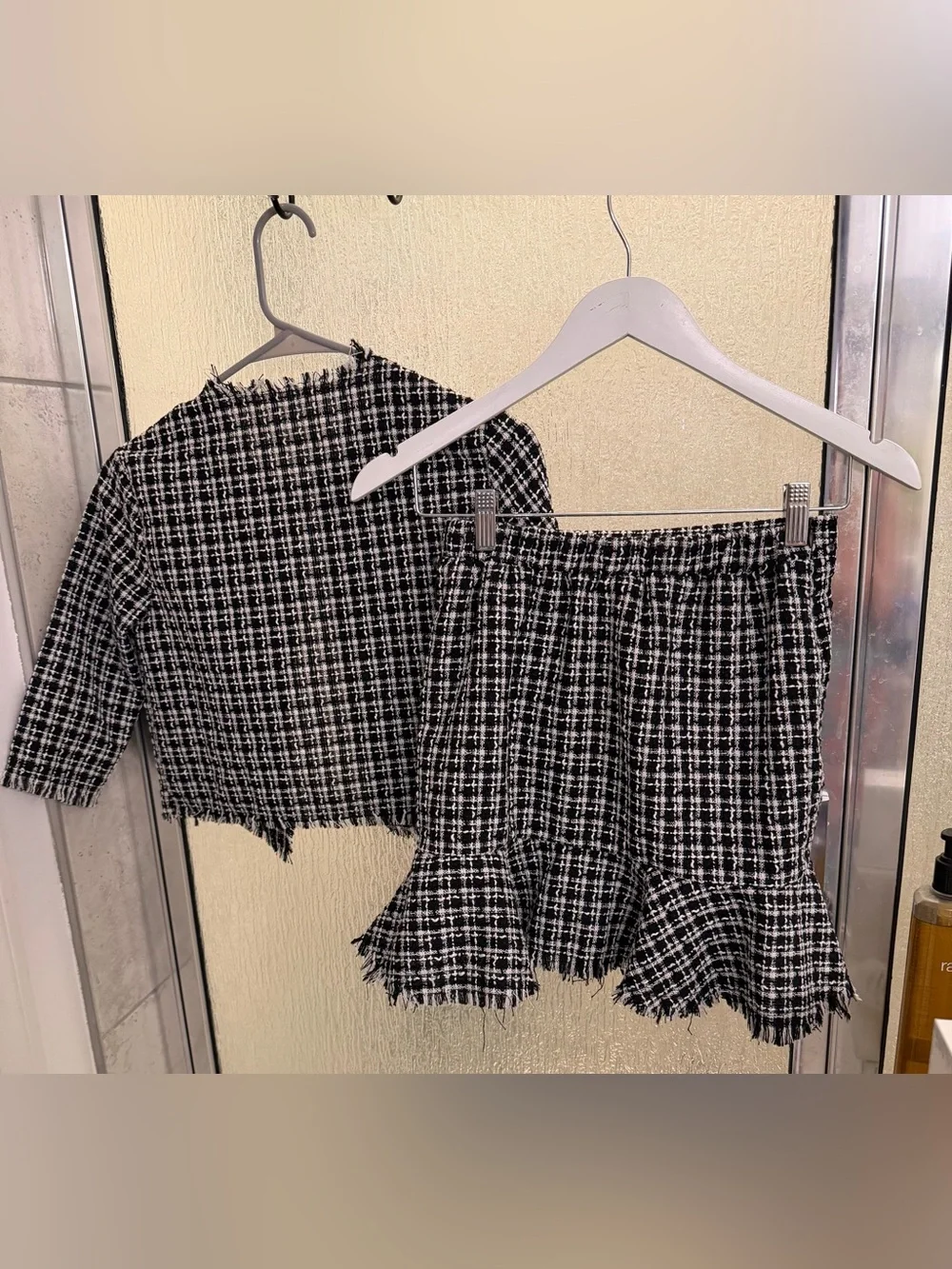 Girls Black & White Tweed Blazer and Skirt Matching Set Size 12 Like New